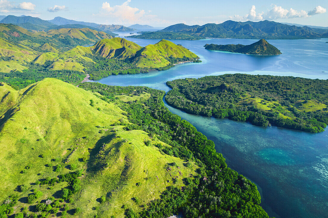 Aerial view of the Komodo Islands, Komodo National Park, home of the famous Komodo Dragon; Flores, Lesser Sunda Islands, Indonesia