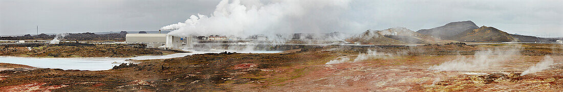 Gunnuhver Hot Springs and fumaroles, with adjacent geothermal plant near Grindavik, Reykjanes Peninsula; Southwest Iceland, Iceland