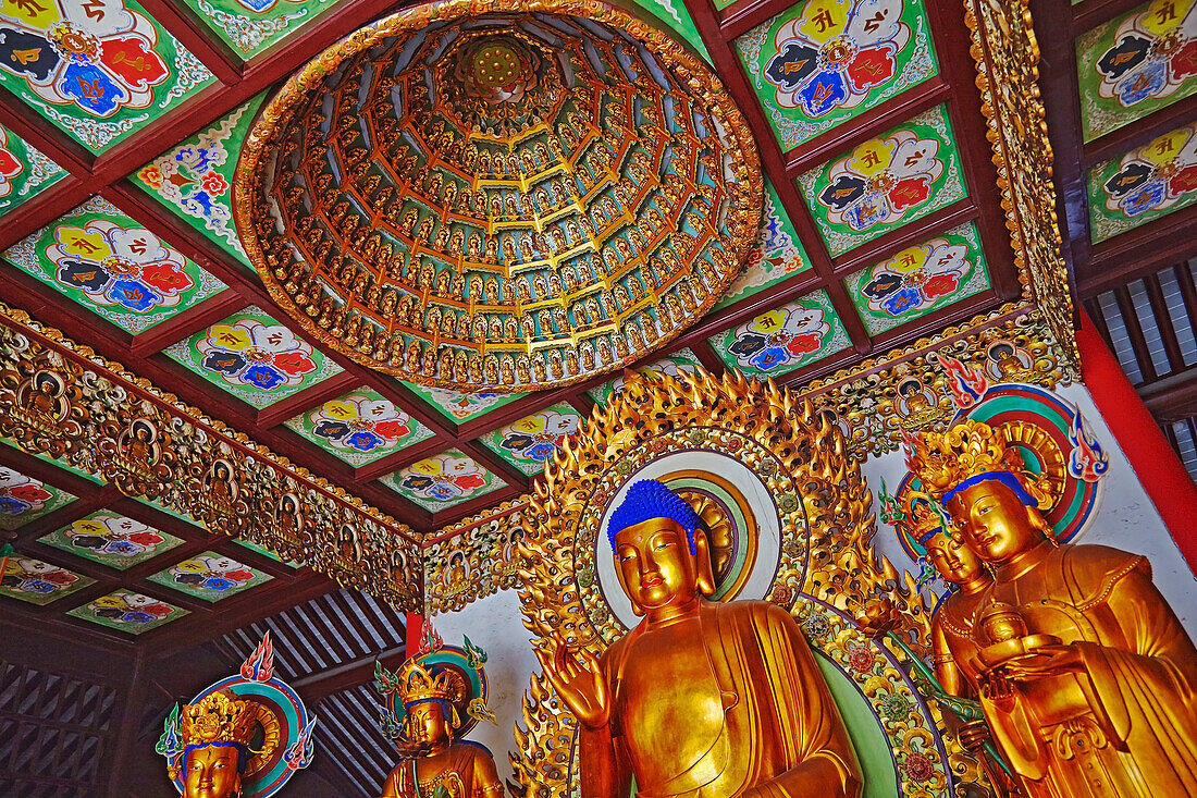 Buddha-Statuen in der Haupthalle des Nonnenklosters Chenxiangge, Shanghai, China; Nanshi, Altstadt, Shanghai, China.