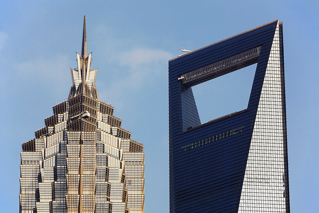 The Jinmao Tower (left) and the Shanghai World Financial Center, two of China's tallest buildings, Pudong, Shanghai, China.; Lujiazui, Pudong, Shanghai, China.