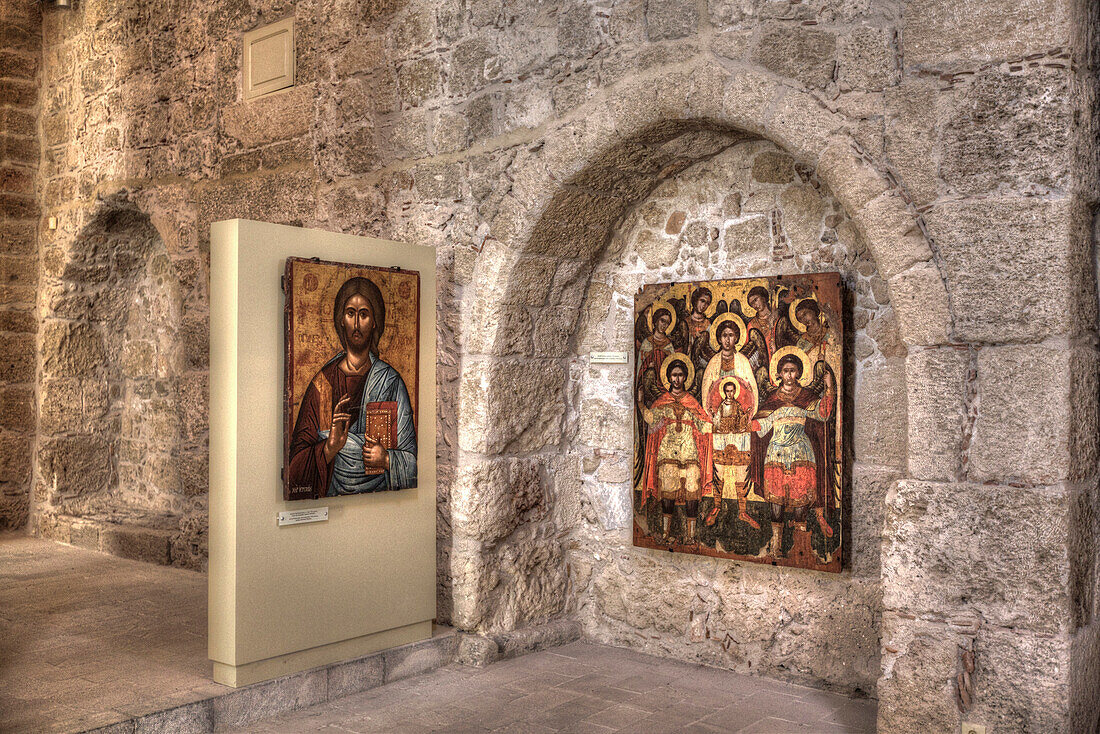 Religious paintings, icons, at Our Lady of the Castle Church in the Byzantine Art Museum (Palace of the Grand Master of the Knights of Rhodes) in Rhodes Old Town, Rhodes; Dodecanese Island Group, Greece