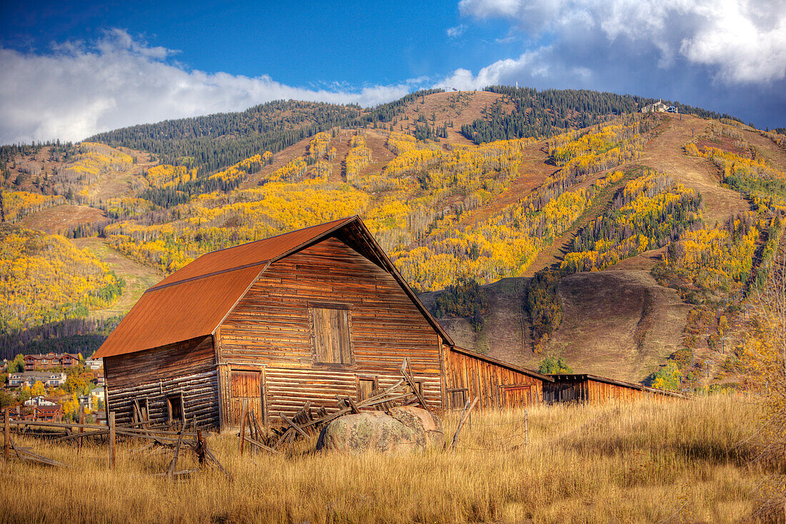 The famous Steamboat Barn (More Barn) with Autumn colored trees covering the mountainside; Steamboat Springs, Colorado, United States of America