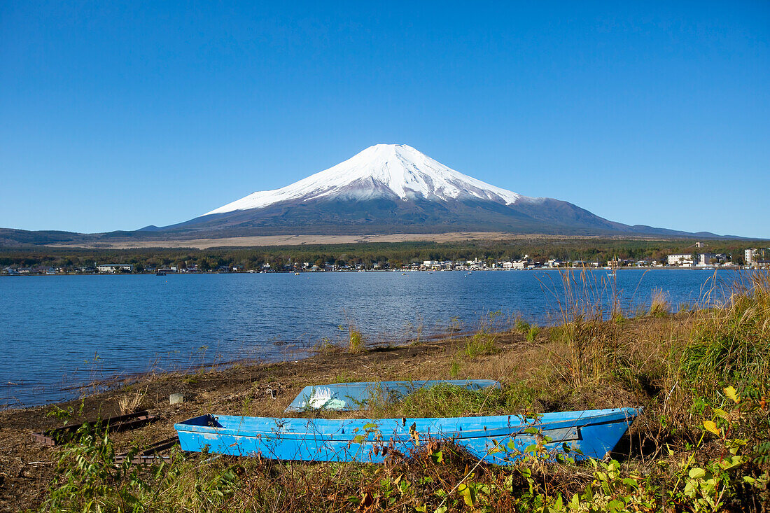 Mount Fuji, as viewed from Lake Yamanakako (Lake Yamanaka), which is the largest of the Fuji Five Lakes and has the third-highest elevation of any lake in Japan. It is also the closest of the five to Mount Fuji; Yamanakako, Yamanashi Prefecture, Japan