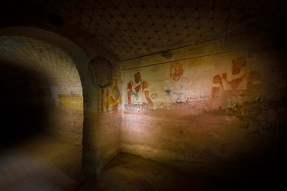 The Tomb of King Tanwetamani decorated with images of the Pharaoh and multicolored hieroglyphic inscriptions.; Karima, Sudan, Africa.