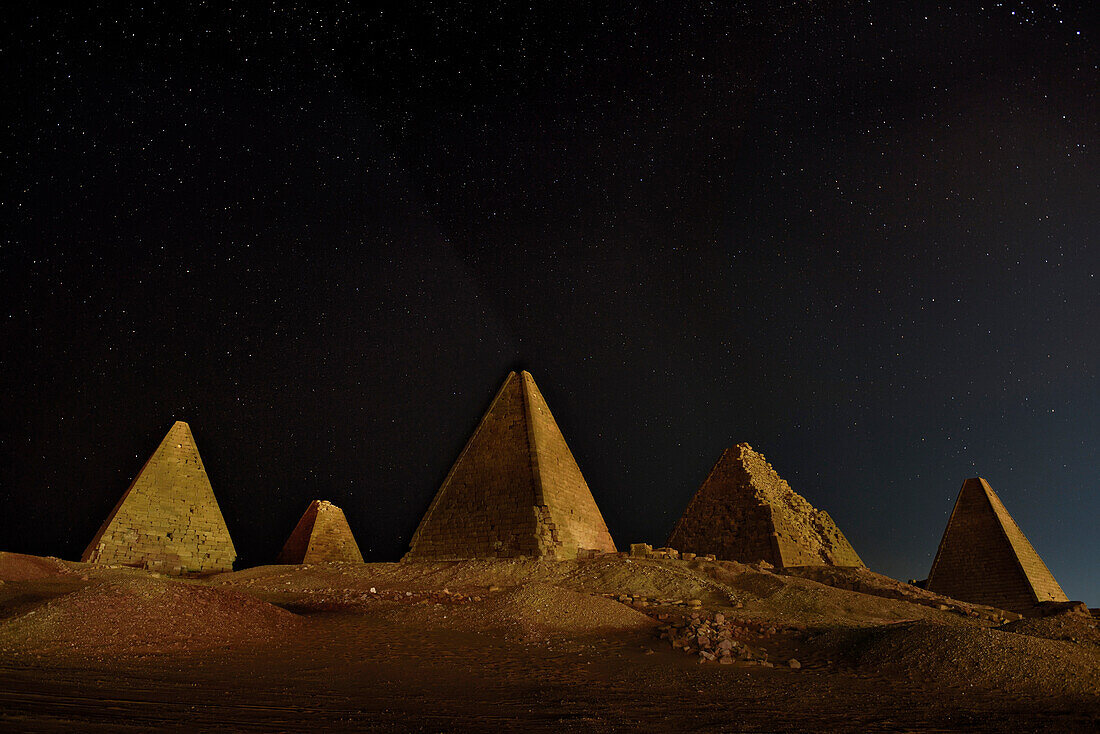 Pyramids at the Royal Cemetery next to Jebel Barkal.; Meroe, Sudan, Africa.