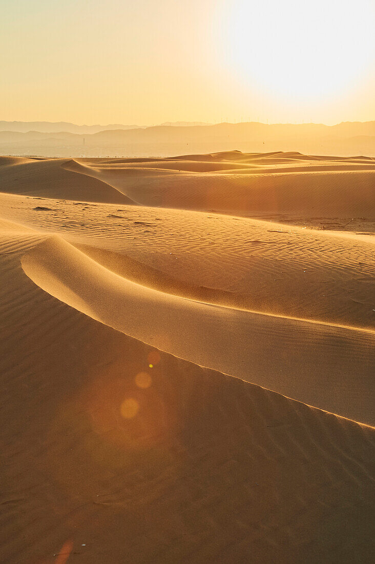 Gekräuselte Sanddünen im Licht des Sonnenuntergangs, Ebro-Flussdelta; Katalonien, Spanien