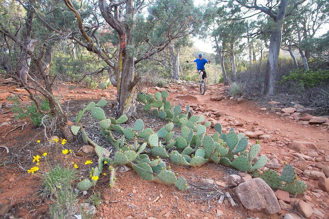 A man on a unicycle rides a rocky single track trail in the desert.; Sedona, Arizona.