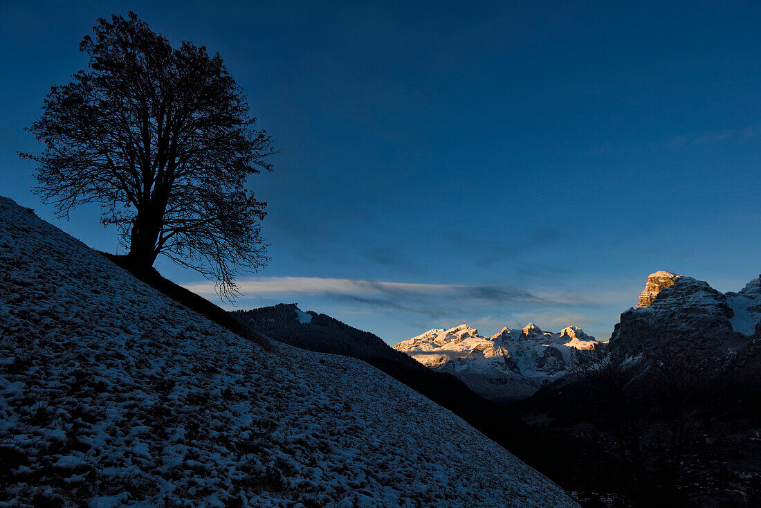 Sonnenlicht scheint auf die Conturines-Spitze in den italienischen Dolomiten; Cortina d'Ampezzo, Dolomiten, Italien.