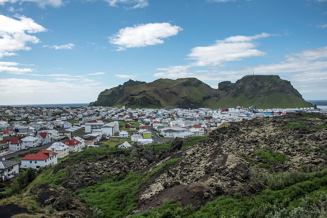 Overview of the town on Heimaey Island, part of the Westman Islands, an archipelago of some 15 islands on the South Coast of Iceland, formed some 11,000 years ago; Heimaey Town, Djupivogur, Heimaey Island, Iceland