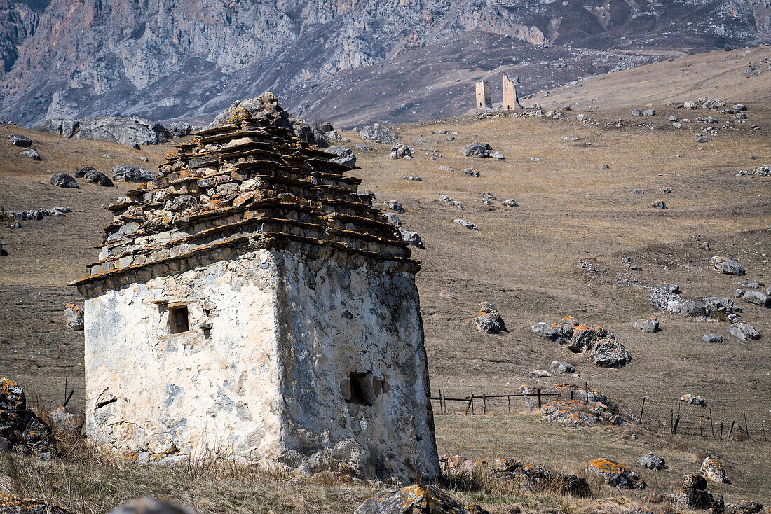 Towers of silence on the mountainside in Ingushetia; Republic of Ingushetia, Russia