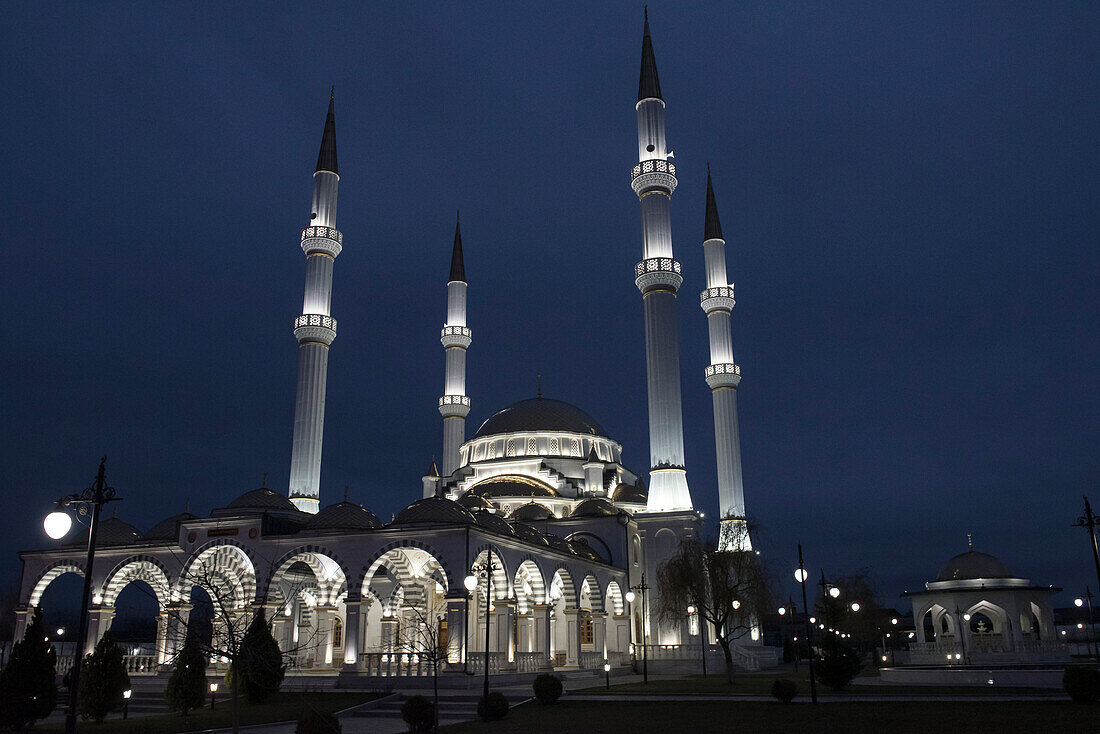 Akhmad Kadyrov Mosque in Grozny illuminated at night; Grozny, Chechen Republic, Russia