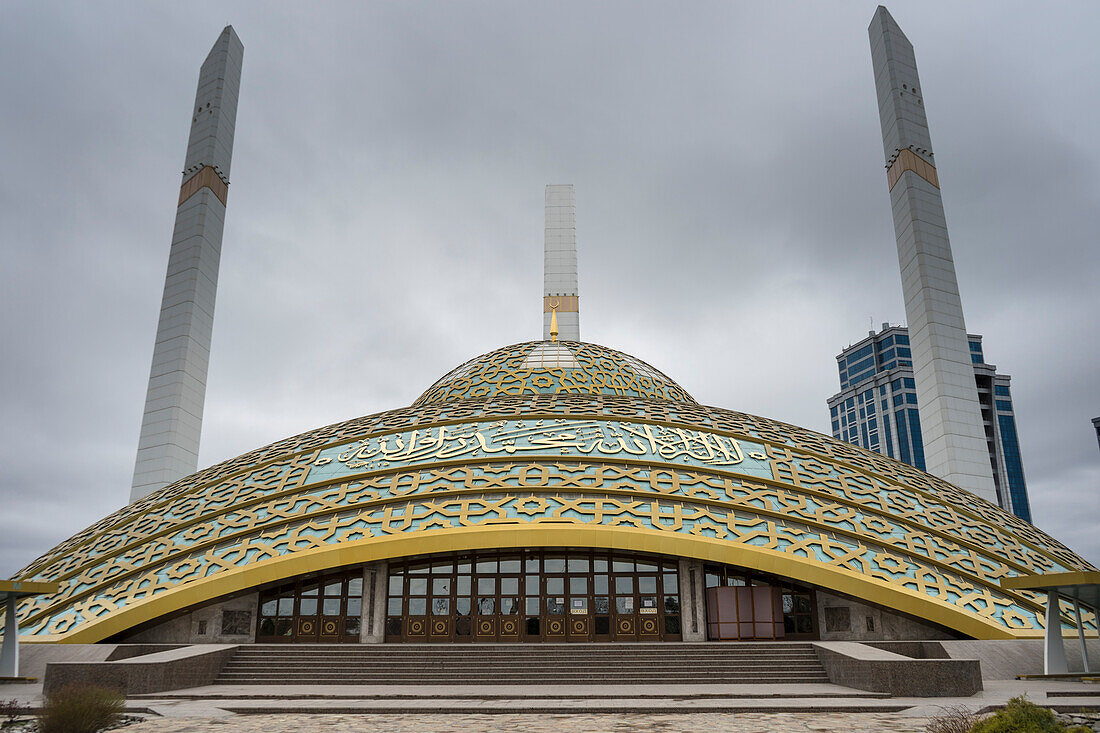 View of the Aimani Kadyrova Mosque on a foggy day; Argun, Chechen Republic, Russia