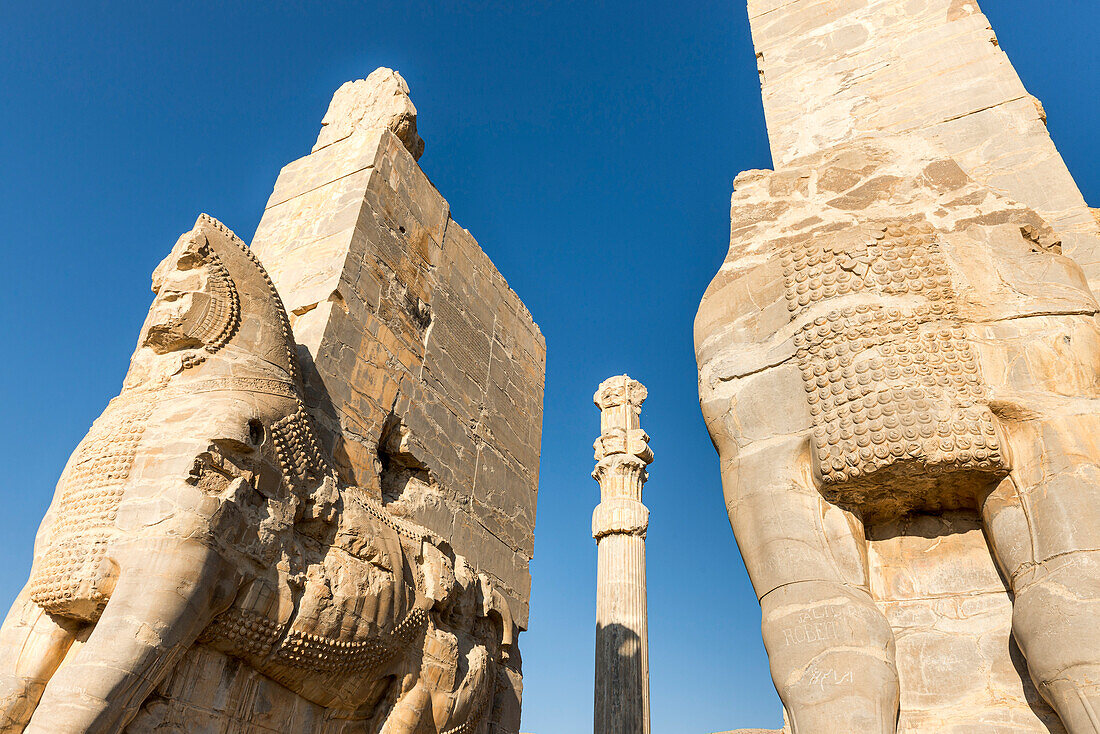 Close-up of stone sculptures at the Ruins of Persepolis, Ruins of the Gate of All Nations; Persepolis, Iran