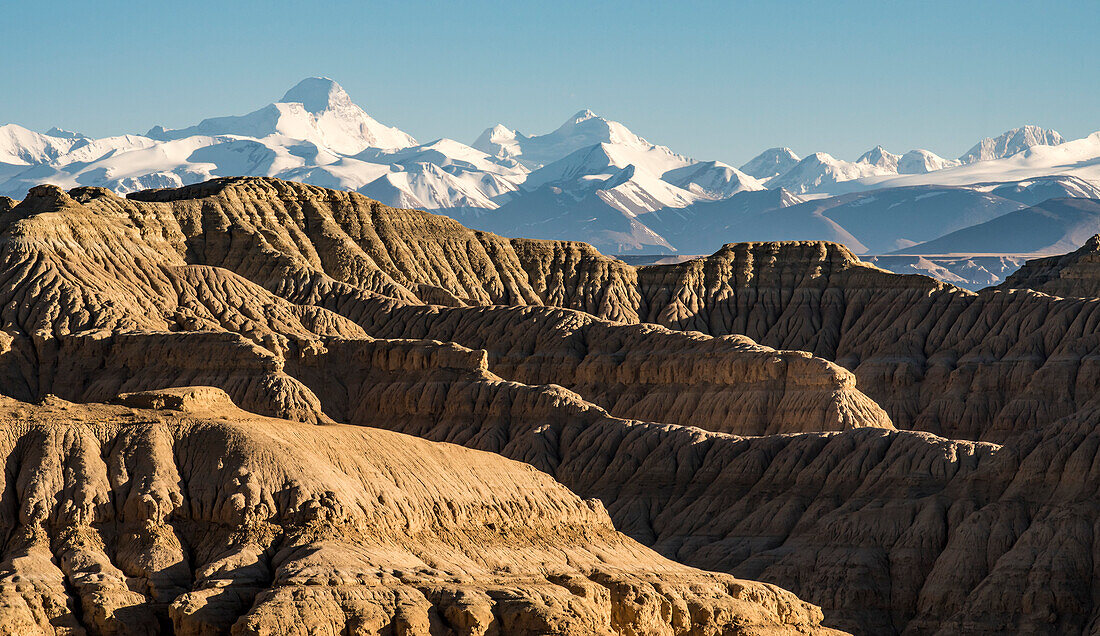 Landscape around the Sutlej valley near the Guge Kingdom with Himalayas in background; Tsaparang, Zanda, Tibetan Autonomous Region, Tibet