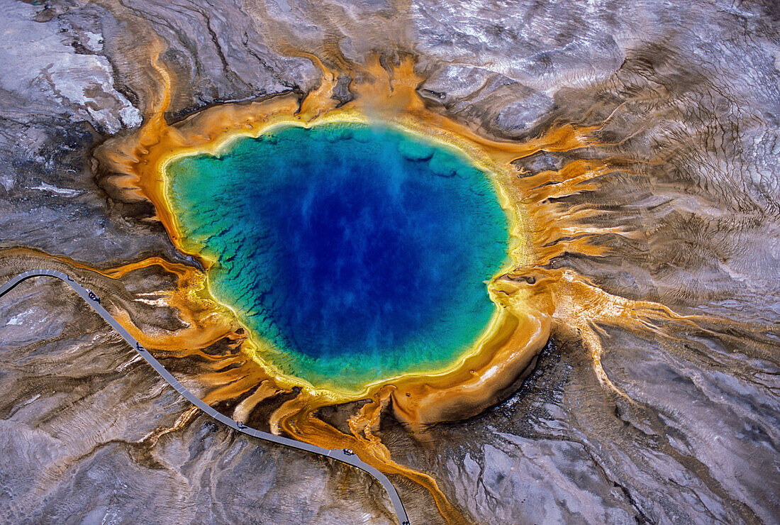 Vibrant colours of the Grand Prismatic Spring in Midway Geyser Basin of Yellowstone National Park; Wyoming, United States of America
