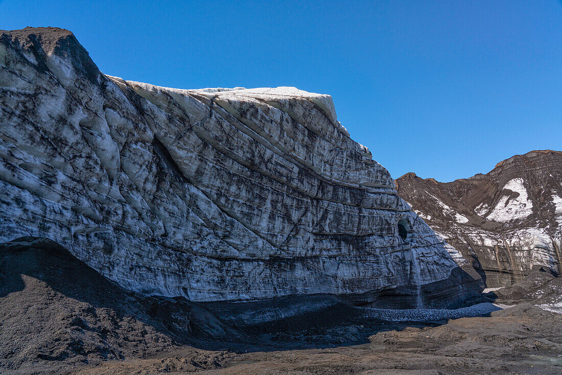 Das Gesicht eines mächtigen Gletschers in Island; Vik, Südisland, Island