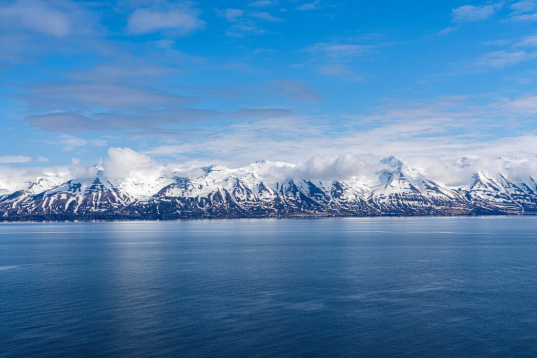 Die wunderschönen schneebedeckten Berge der Nordfjorde in Nordisland mit einem hellen, blauen Himmel darüber; Nordisland, Island