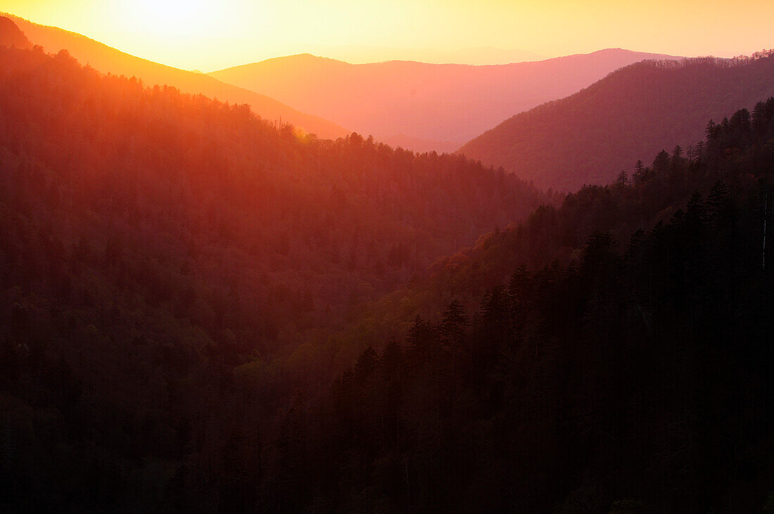 Blick auf die Smoky Mountains bei Sonnenuntergang; Great Smoky Mountains National Park, Tennessee.