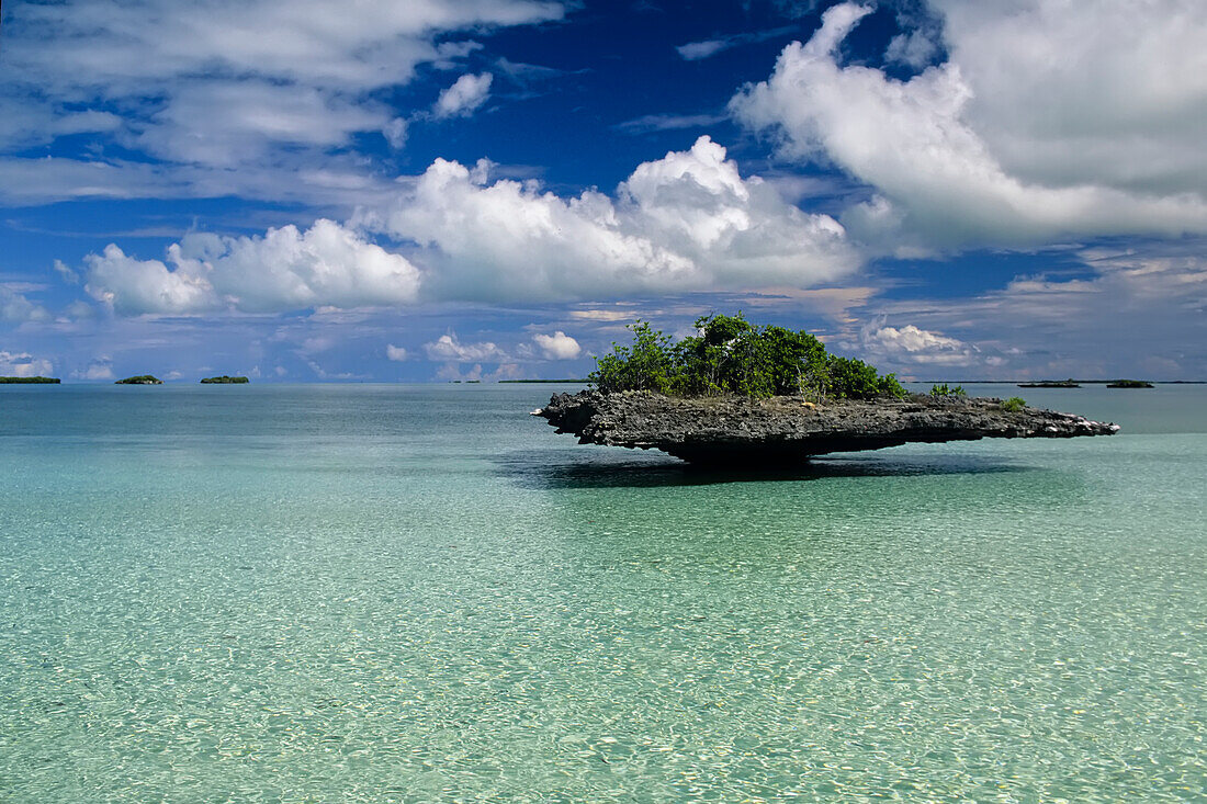 Mushroom island, clear blue water, and a cloud-filled sky.