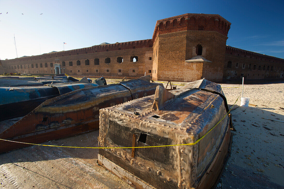 Refugee boats from Cuba at Fort Jefferson in Dry Tortugas National Park, Florida, USA; Florida, United States of America