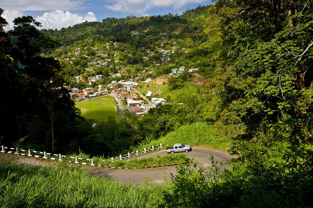 Truck ascends a hillside road above Charlotteville, Tobago; Charlotteville, Tobago, Republic of Trinidad and Tobago