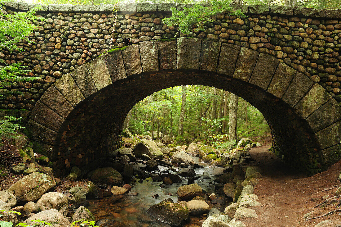 Cobblestone bridge, the first carriage road bridge built in the park.; Acadia National Park, Mount Desert Island, Maine.