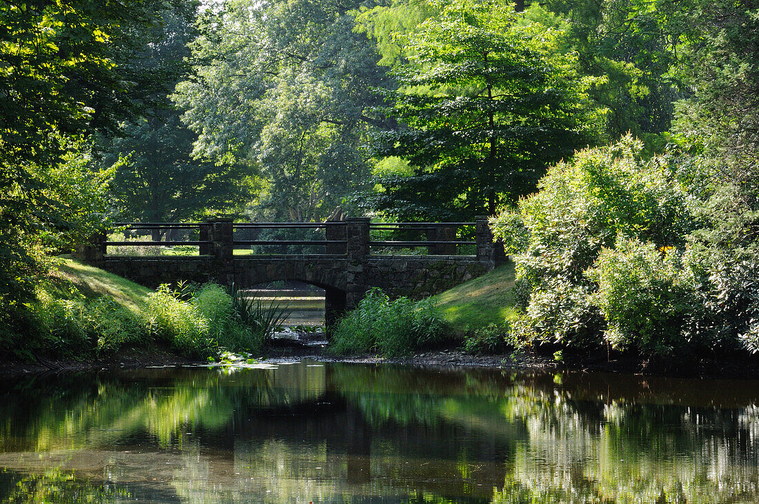 Scenic view of a pond with a stone footbridge.; Cambridge, Massachusetts.