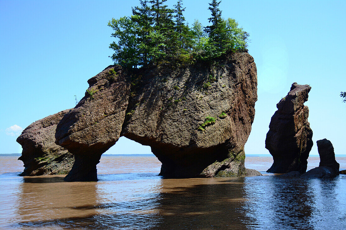 Durch Gezeitenerosion entstandene Blumentopf-Felsen in der Bay of Fundy; Hopewell Rocks Ocean Tidal Exploration Site, Hopewell Cape, New Brunswick, Kanada.