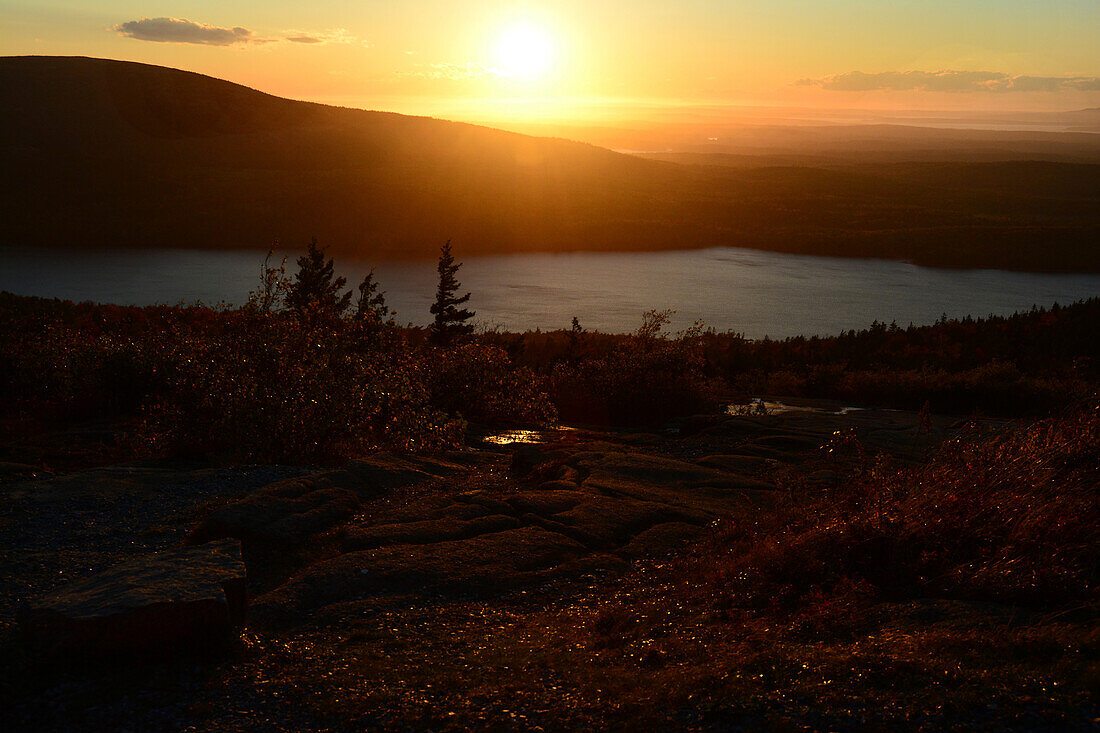 A view of Eagle Lake from Cadillac Mountain at sunset.; Cadillac Mountain, Acadia National Park, Mount Desert Island, Maine.