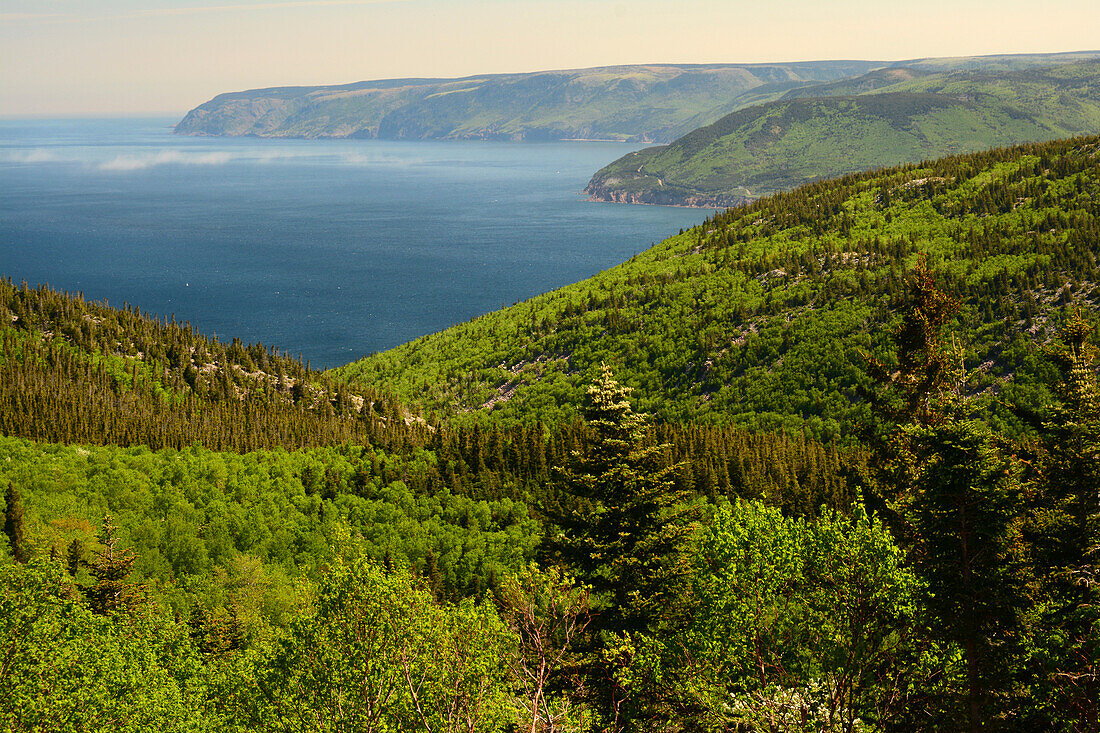 View of Pleasant Bay from the Cabot Trail in the Cape Breton highlands.; Cabot Trail, Cape Breton Highlands National Park, Nova Scotia, Canada.