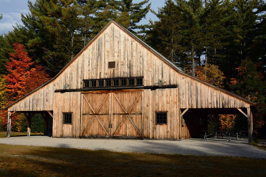 A post and beam barn at the Russell-Colbath Historic site.; New Hampshire, USA.