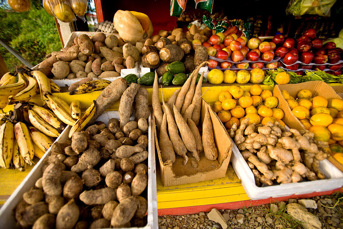 Caribbean fruits and vegetables for sale at a stand in Tobago; Tobago, Republic of Trinidad and Tobago