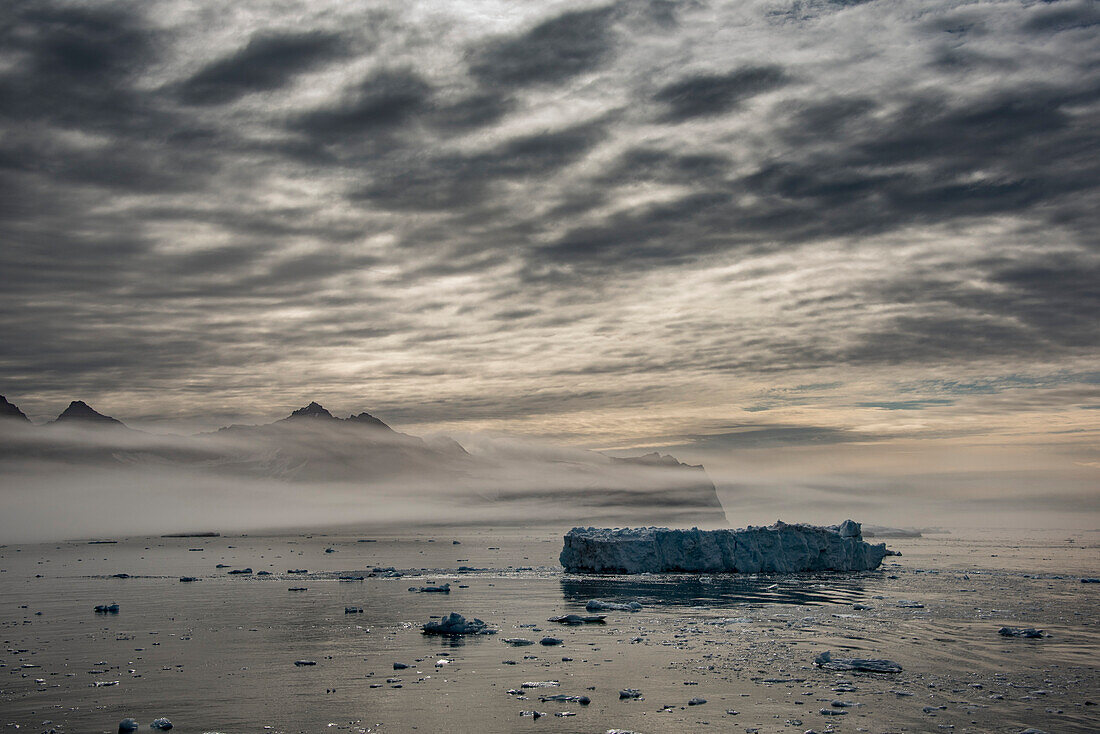 Iceberg floating in the glacial waters in Nansen Fjord with the mountains silhouetted against the grey clouds and covered in a layer of fog over the calm waters; East Greenland, Greenland