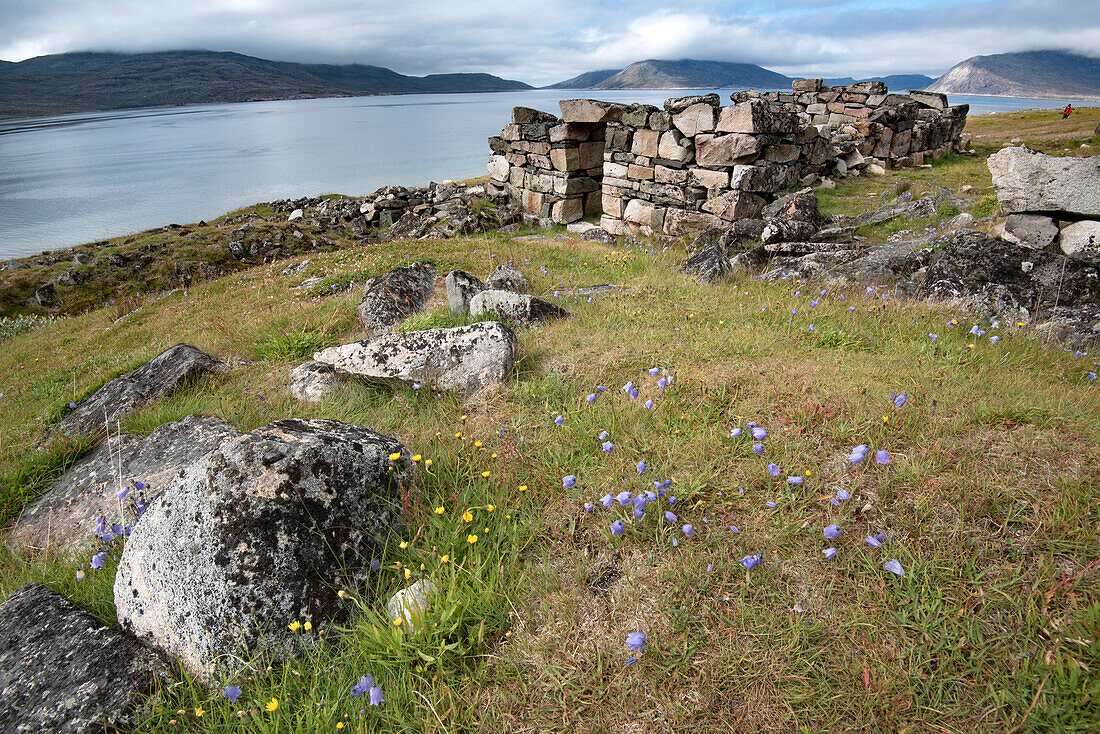 Scenic view of the archaeological site of Hvalsey, near Qaqortoq, at the Southern tip of Greenland in the North Atlantic; Southern Greenland, Greenland