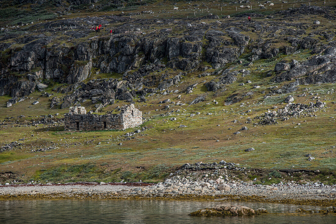 Reisegruppe bei der Erkundung der archäologischen Stätte von Hvalsey, in der Nähe von Qaqortoq, wo sich an der Südspitze Grönlands eine alte Kirchenruine aus dem Jahr 1300 nach Christus befindet; Südgrönland, Grönland