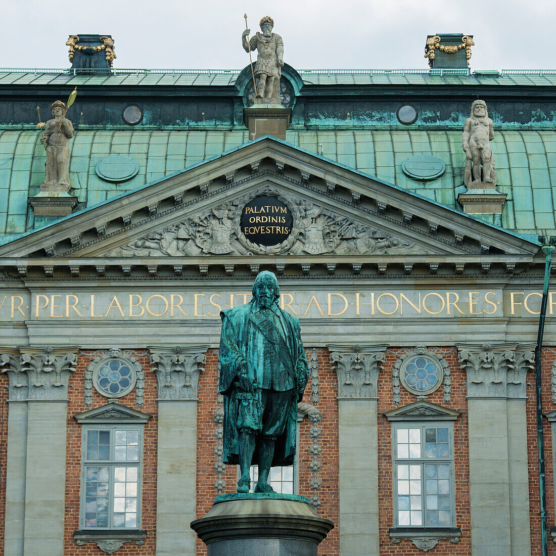 Statue In Front Of The Swedish House Of Nobility; Stockholm Sweden