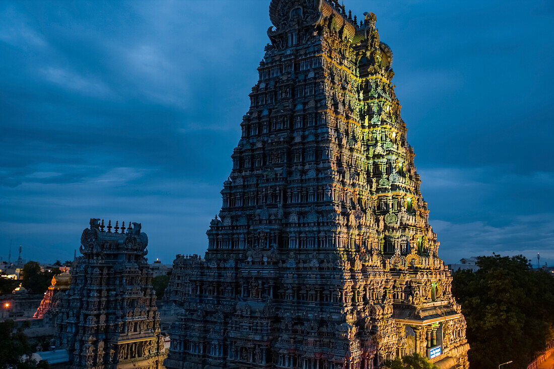 Ornate Meenakshi Temple at dusk; Madurai, Tamil Nadu, India