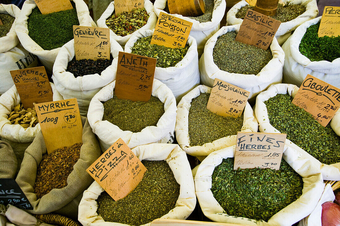 Sacks of herbs at a local market in France; Collioure, Pyrenees Orientales, France
