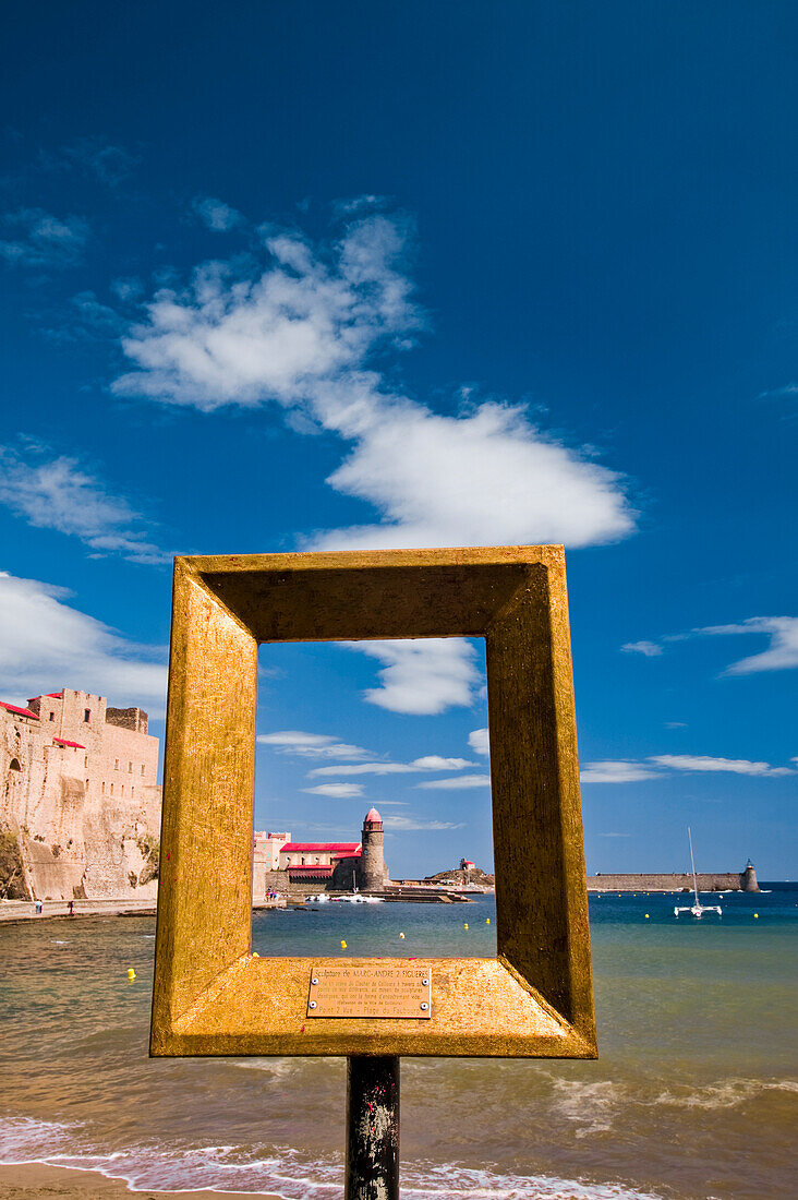 Entrance to Collioure harbour through a picture frame; Collioure, Pyrenees Orientales, France