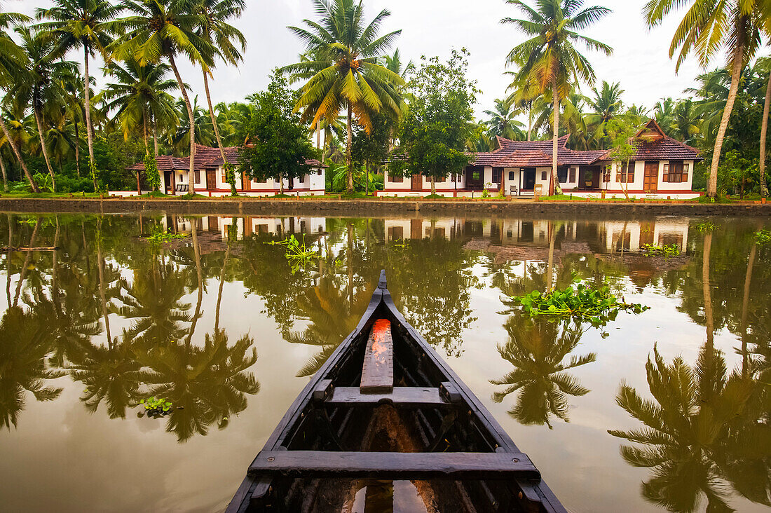 Rowboat approaches a shoreline with palm trees and buildings; Kumarakom, Kerala State, India.