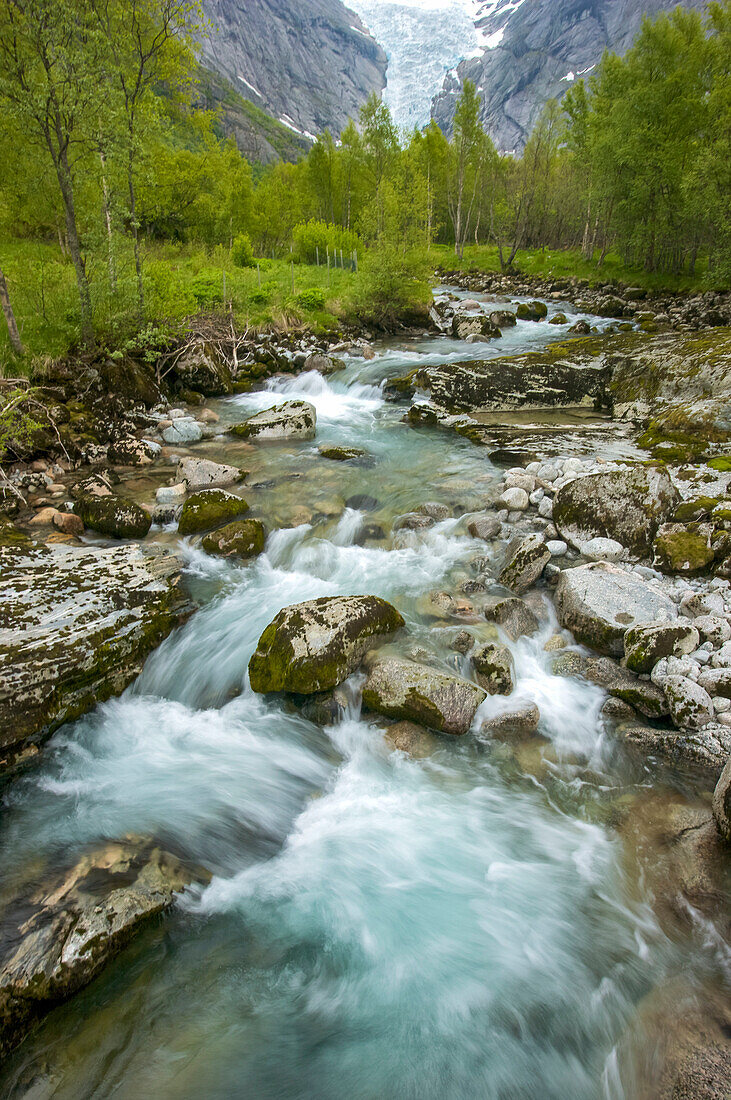 Cascading stream from Briksdalbreen, the Briksdal Glacier in Jostedal Glacier National Park, Norway; Norway