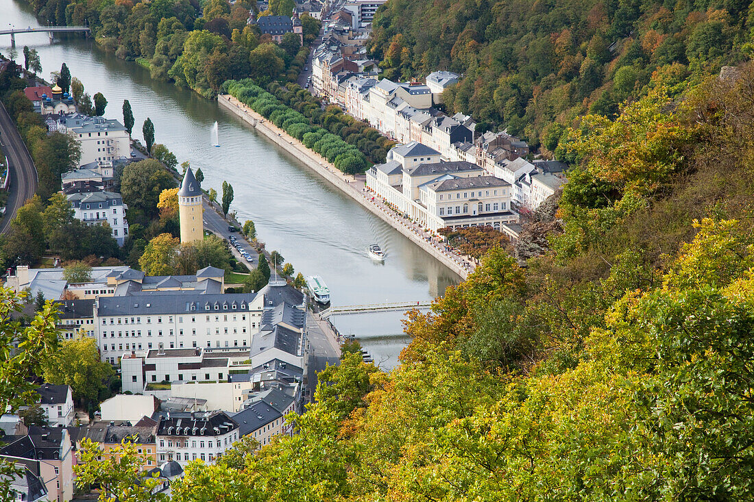 High Angle View Of A Bridge Crossing The River Lahn And Buildings Along The Water's Edge; Bad Ems Rheinland-Pfalz Germany