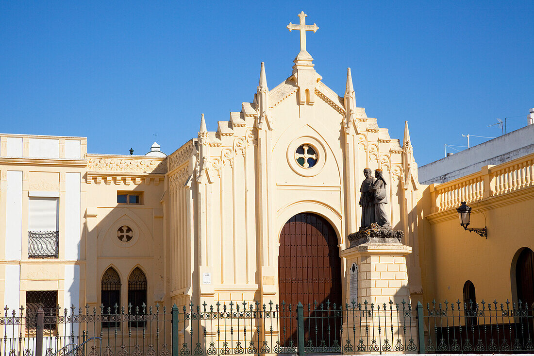Front Of A Church Building With A Cross At The Peak Of The Roof; Chiclana De La Frontera Andalusia Spain