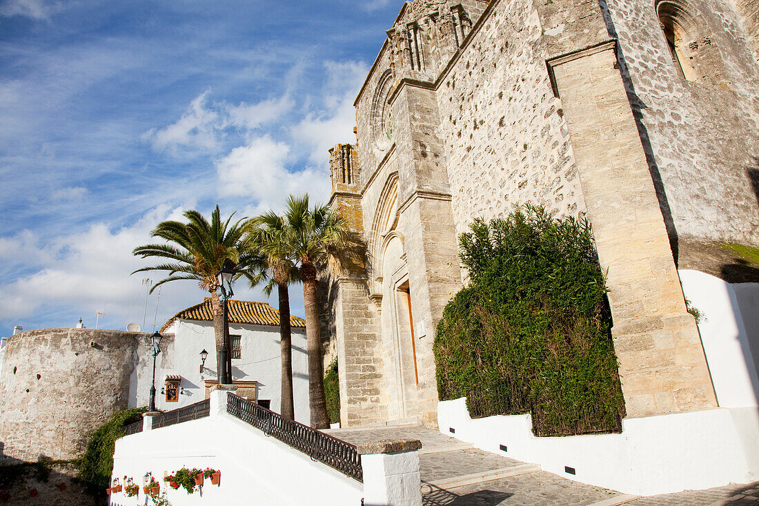 Schräge Rampe neben einem Gebäude mit Palmen und Pflanzen; Vejer De La Frontera Andalusien Spanien