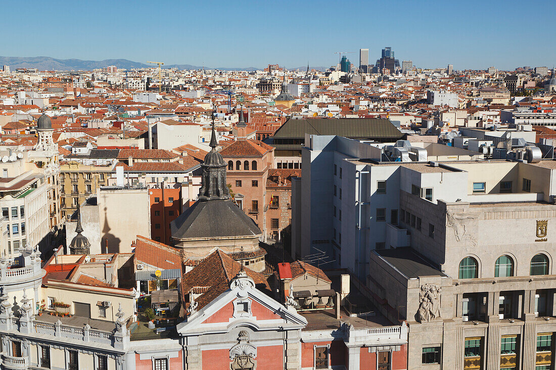 18Th Century Church Of San Jose In Foreground And View Of 20Th Century Business Centre In Background; Madrid Spain