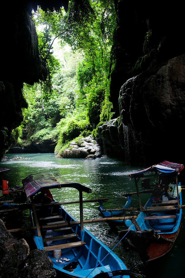 Boats On A River; Green Canyon Pangandaran Java Indonesia