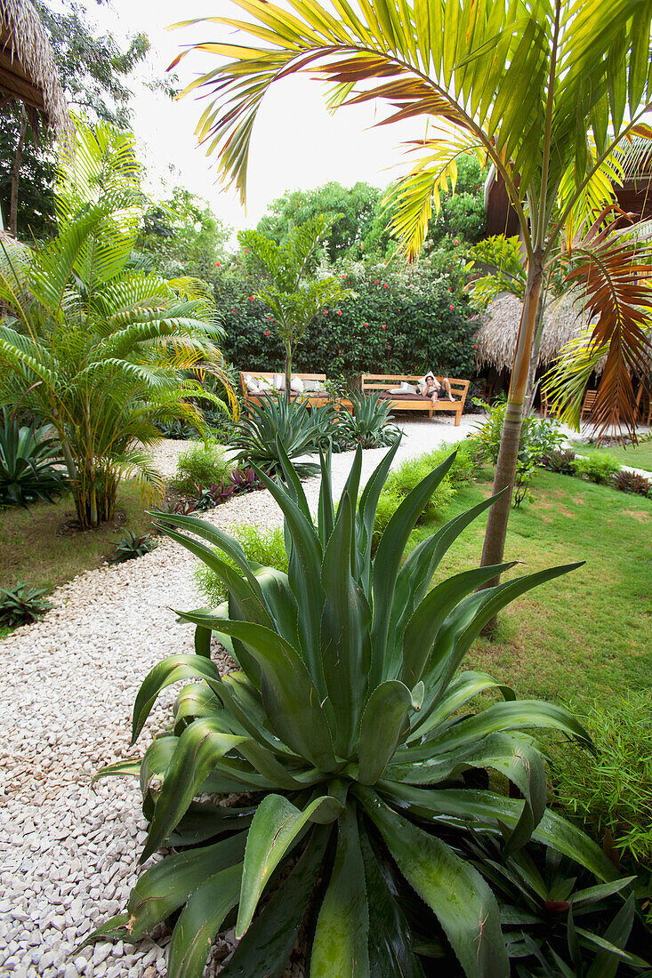 Ein Tourist genießt ein kleines Resort in Santa Teresa und Mal Pais (Malpais) auf der Nicoya-Halbinsel; Provinz Puntarenas, Costa Rica