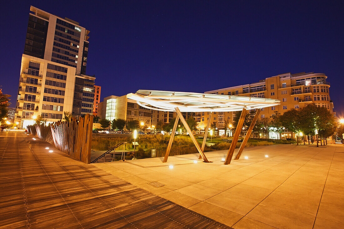 Tanner Springs Park In The Pearl District At Night; Portland Oregon United States Of America