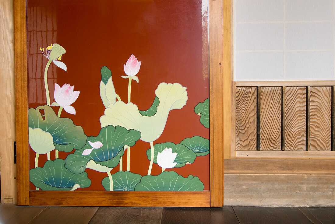 Floral Design Painted On A Door; Koyasan, Wakayama, Japan