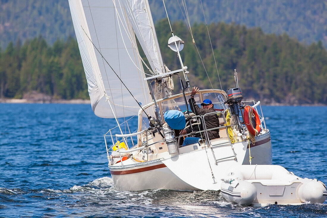 A Man Sails His Sailboat In Desolation Sound; British Columbia Canada